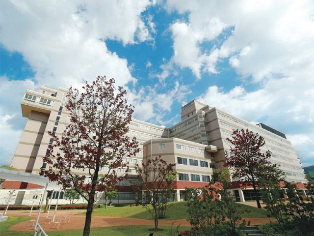 8号館（理工系学部棟）。研究室や大学院室、実験・実習室、製図室、CAD室などを配置。1階には食堂や売店もあります。